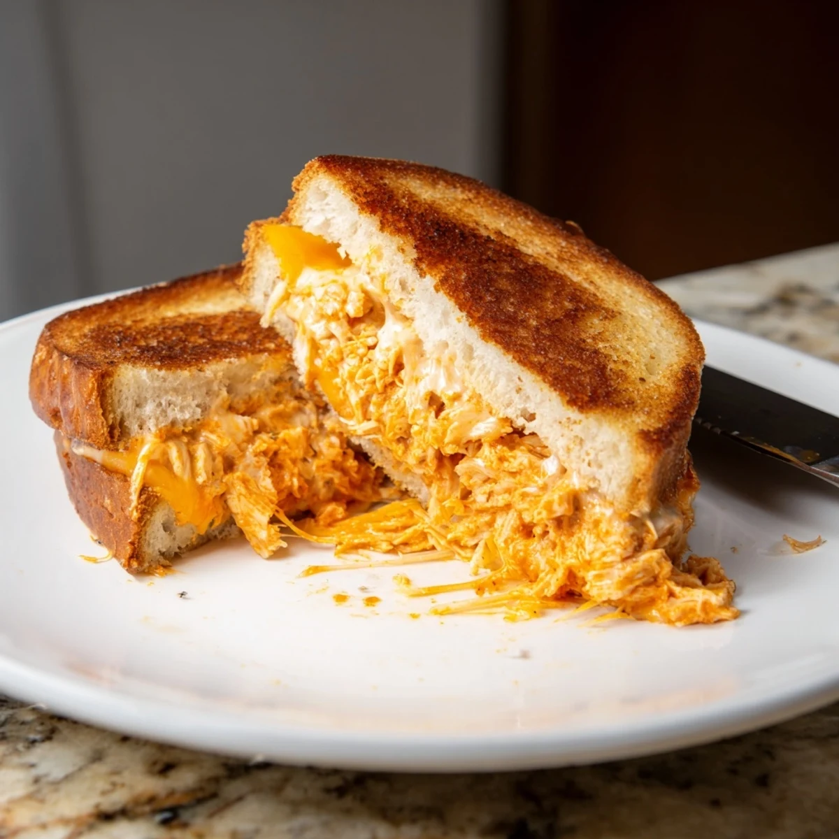 Golden-brown sourdough grilled cheese sandwiches stuffed with spicy buffalo chicken, sharp cheddar, and creamy ranch dressing.