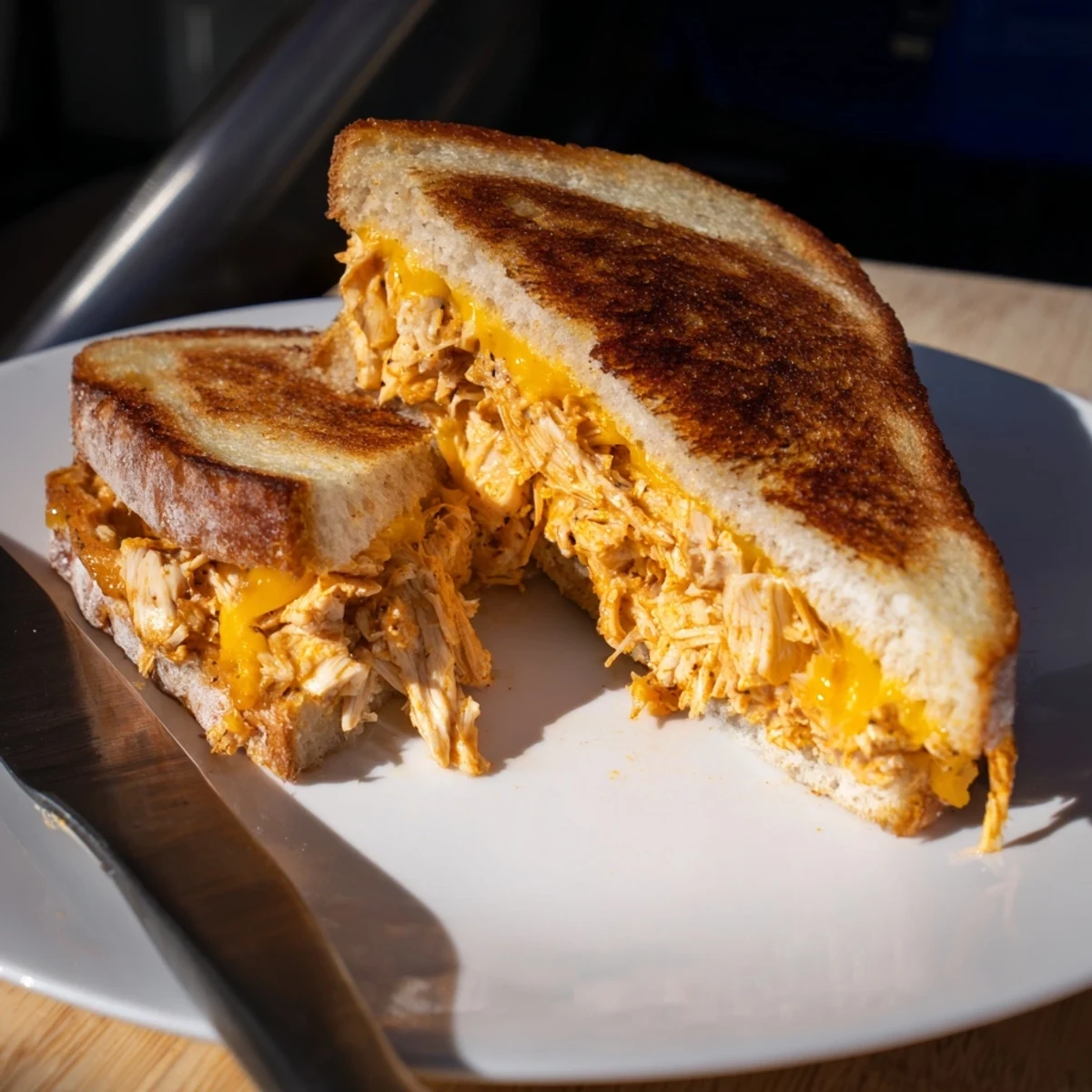 Sliced Buffalo Chicken Ranch Grilled Cheese revealing melted layers and garnished with fresh green onions on a plate.