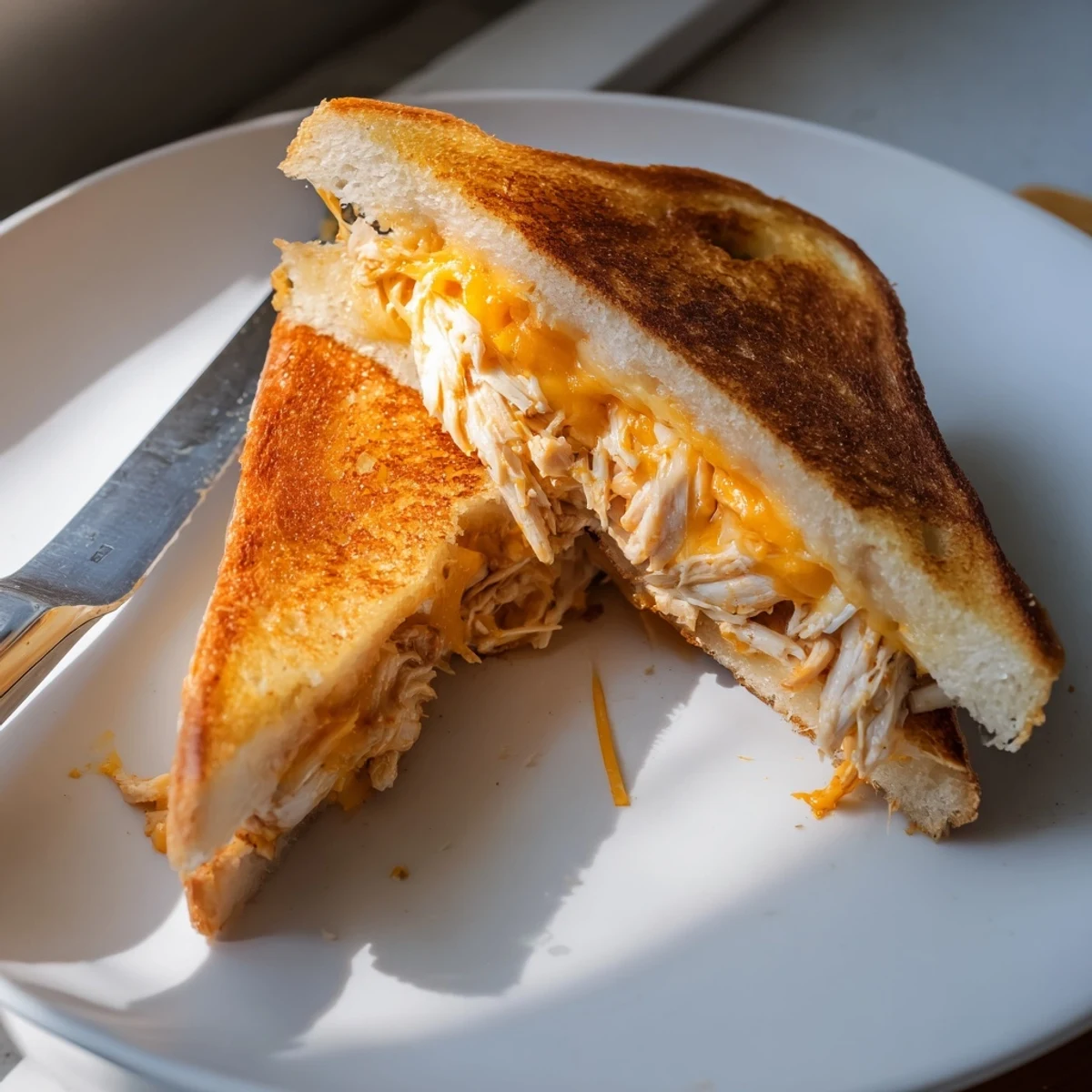 Buttery, toasted sandwich filled with shredded buffalo chicken and cheese, served with celery sticks for a classic pairing.