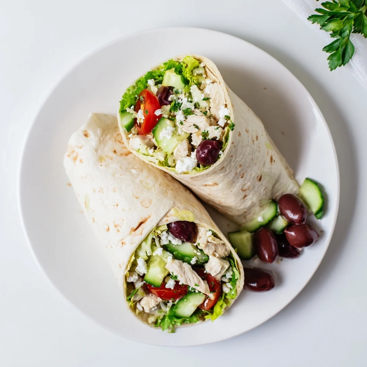 Freshly assembled Greek Lemon Chicken Salad Wrap with vibrant greens, Kalamata olives, and a lemony dressing, served on a platter.