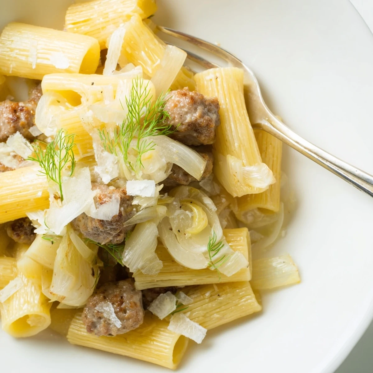 Closely-up Winter Pasta with Sausage and Fennel garnished with fresh parsley and grated Parmesan on a rustic plate.