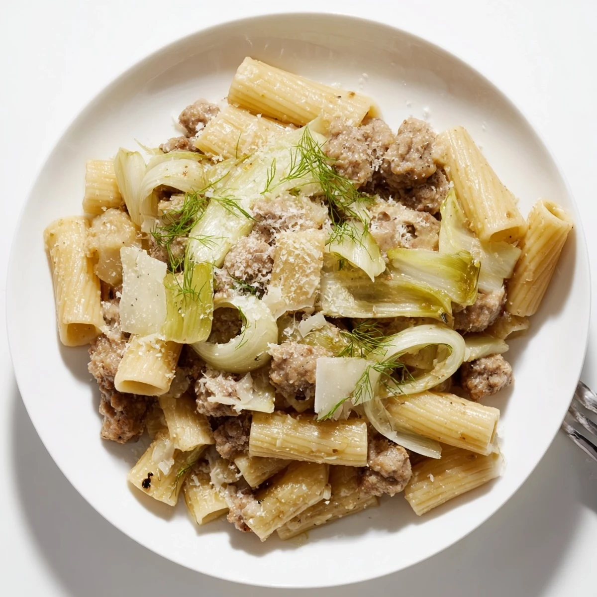 Steam rises from a warm bowl of Winter Pasta with Sausage and Fennel served alongside a glass of white wine.