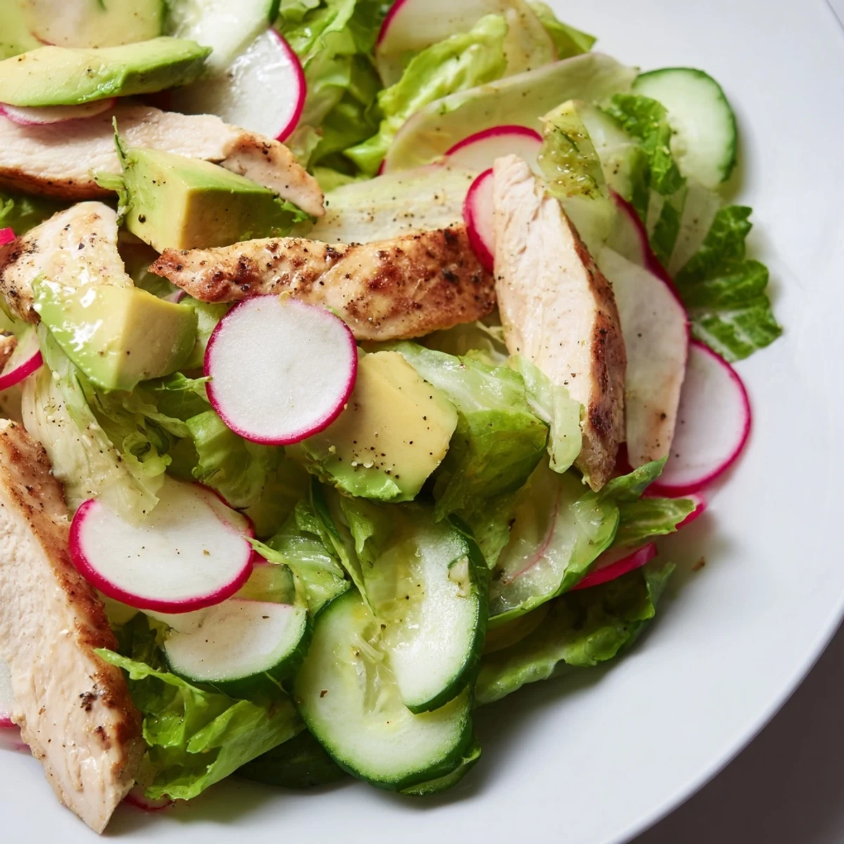 Spring Detox Chicken Salad with grilled chicken, crisp cucumber, and peppery radish on mixed greens, drizzled with zesty lemon vinaigrette and optional avocado slices.