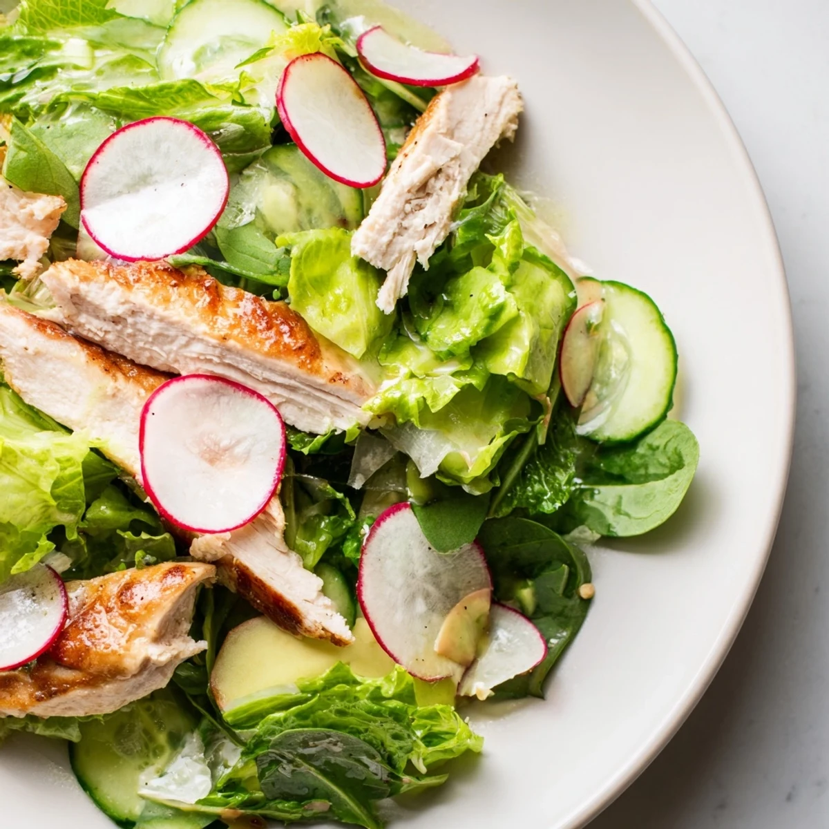 Close-up of Spring Detox Chicken Salad highlighting juicy grilled chicken, fresh avocado, and crunchy vegetables tossed in glistening lemon vinaigrette on a ceramic plate.