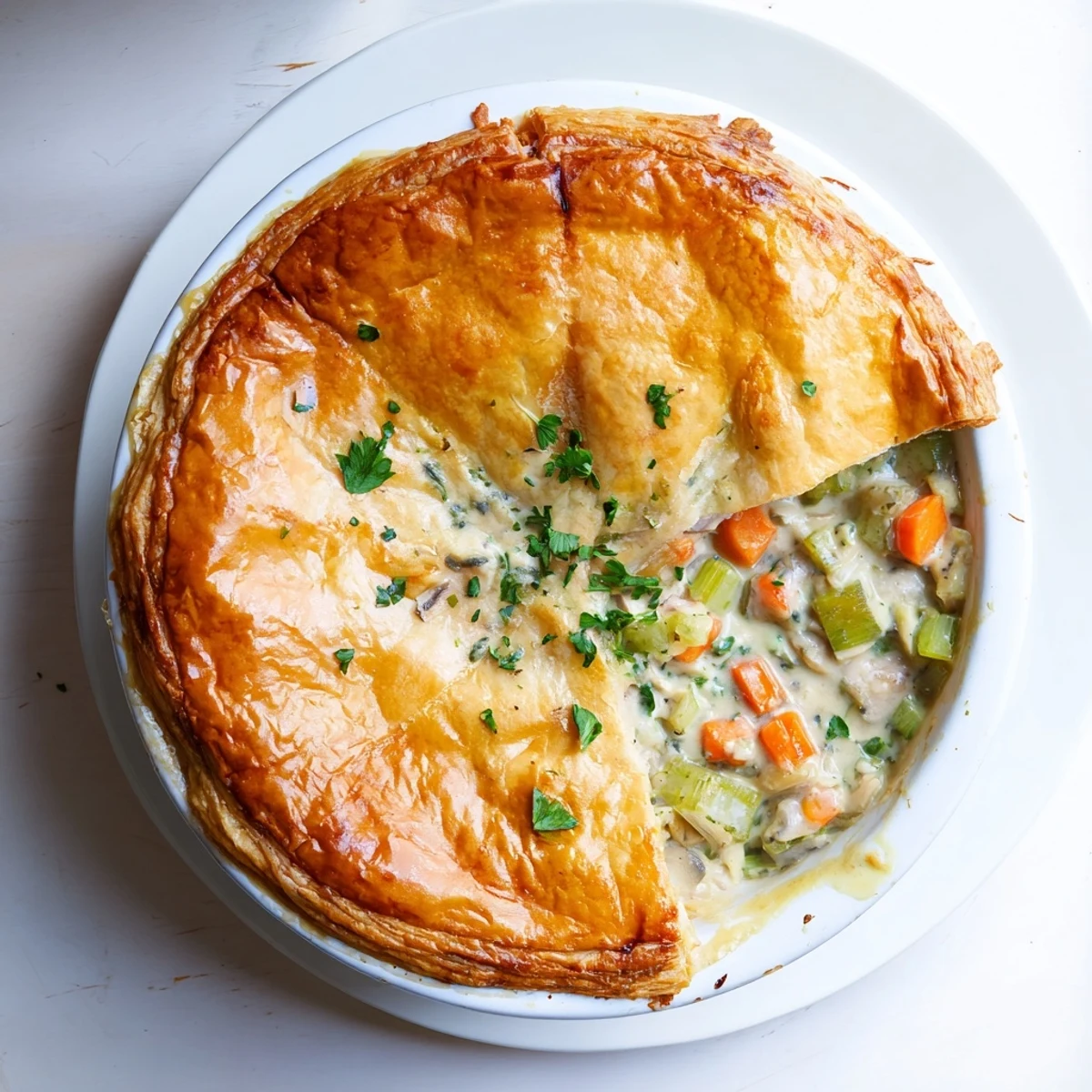 Freshly baked Chicken and Leek Pie with golden, flaky pastry bubbling over a deep ceramic dish. 