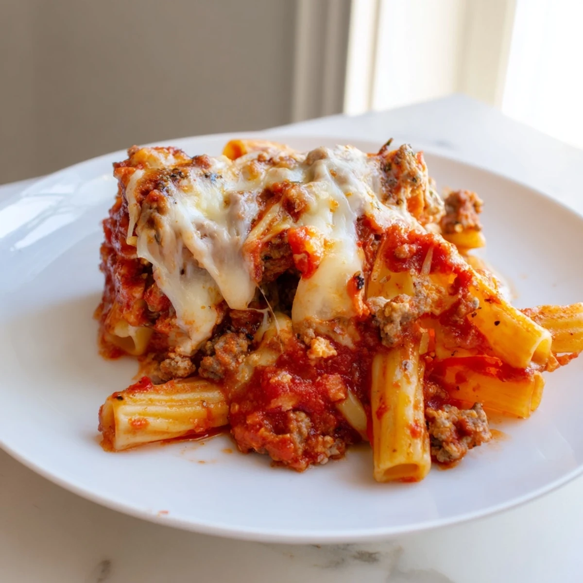 Golden, bubbly mozzarella and rich tomato sauce top layers of ziti pasta and creamy ricotta in this baked dish, ready to serve.