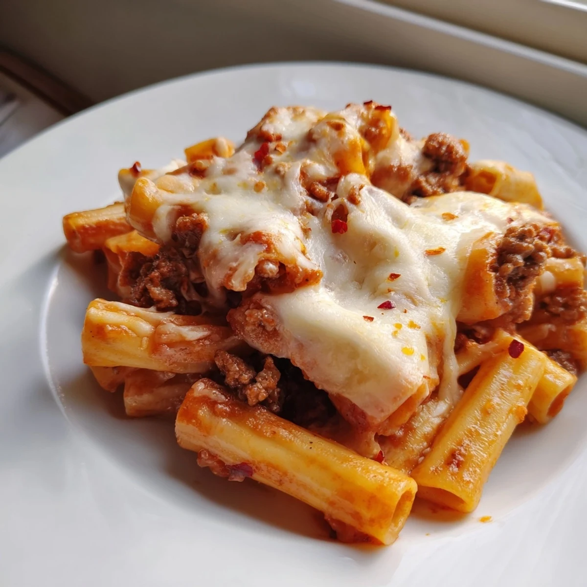Sliced Freezer Make-Ahead Baked Ziti reveals layered pasta, savory tomato sauce, and creamy ricotta, paired with salad and garlic bread on the table.