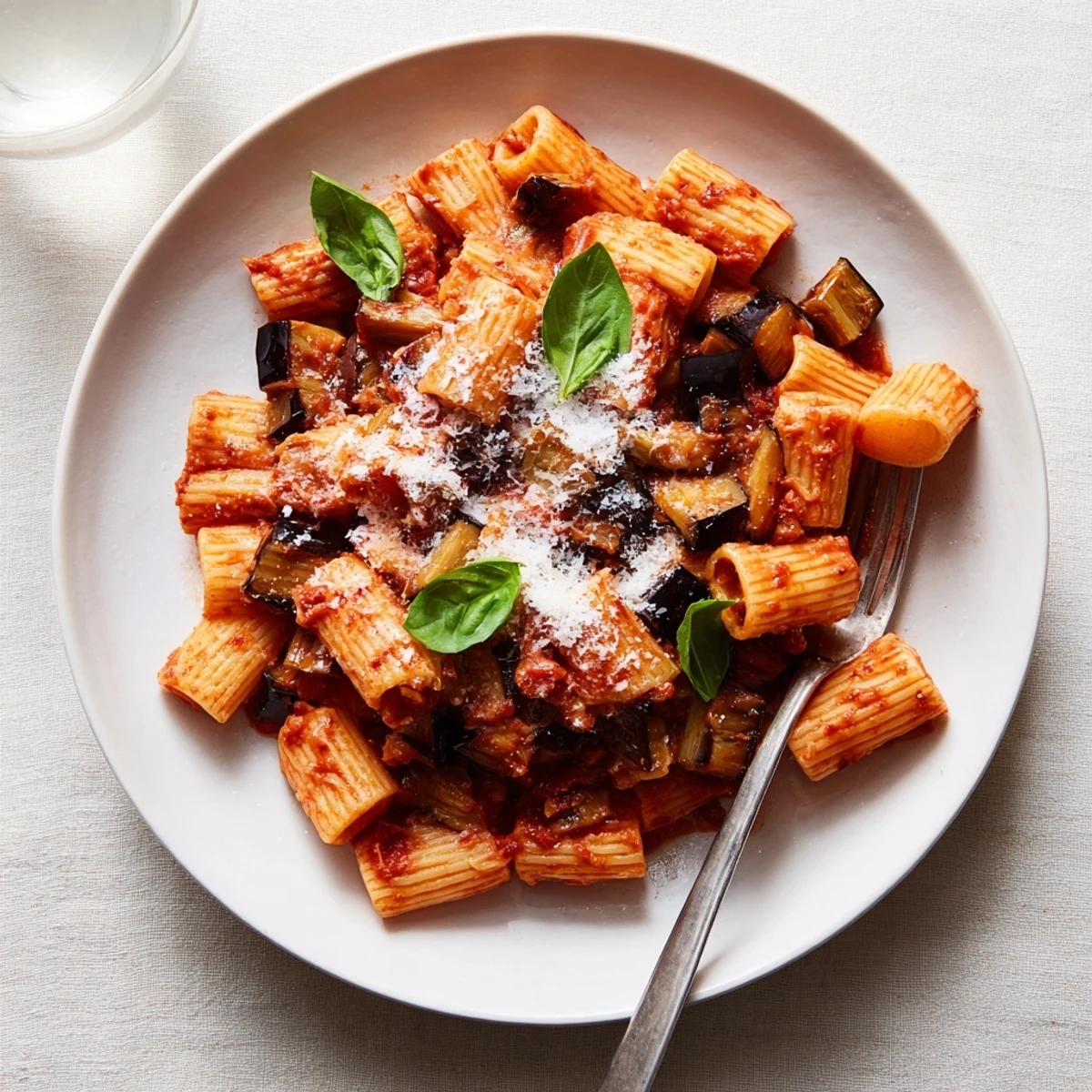 A close-up of Pasta Alla Norma featuring al dente rigatoni, roasted eggplant, and fresh basil garnish.