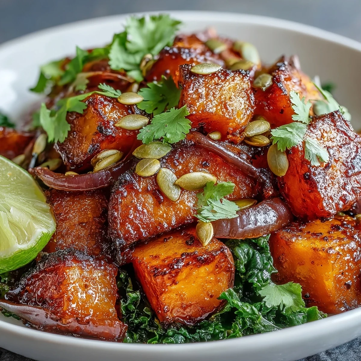 Creamy roasted red kuri squash bowl with warming spices and sweet maple.