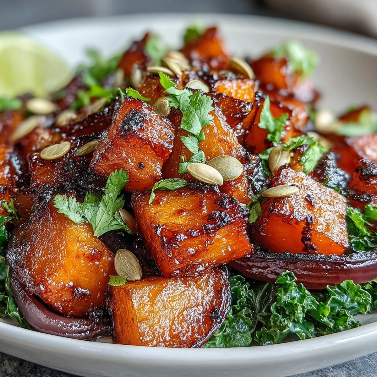 Hearty vegetarian red kuri squash bowl, delicious with pumpkin seeds.