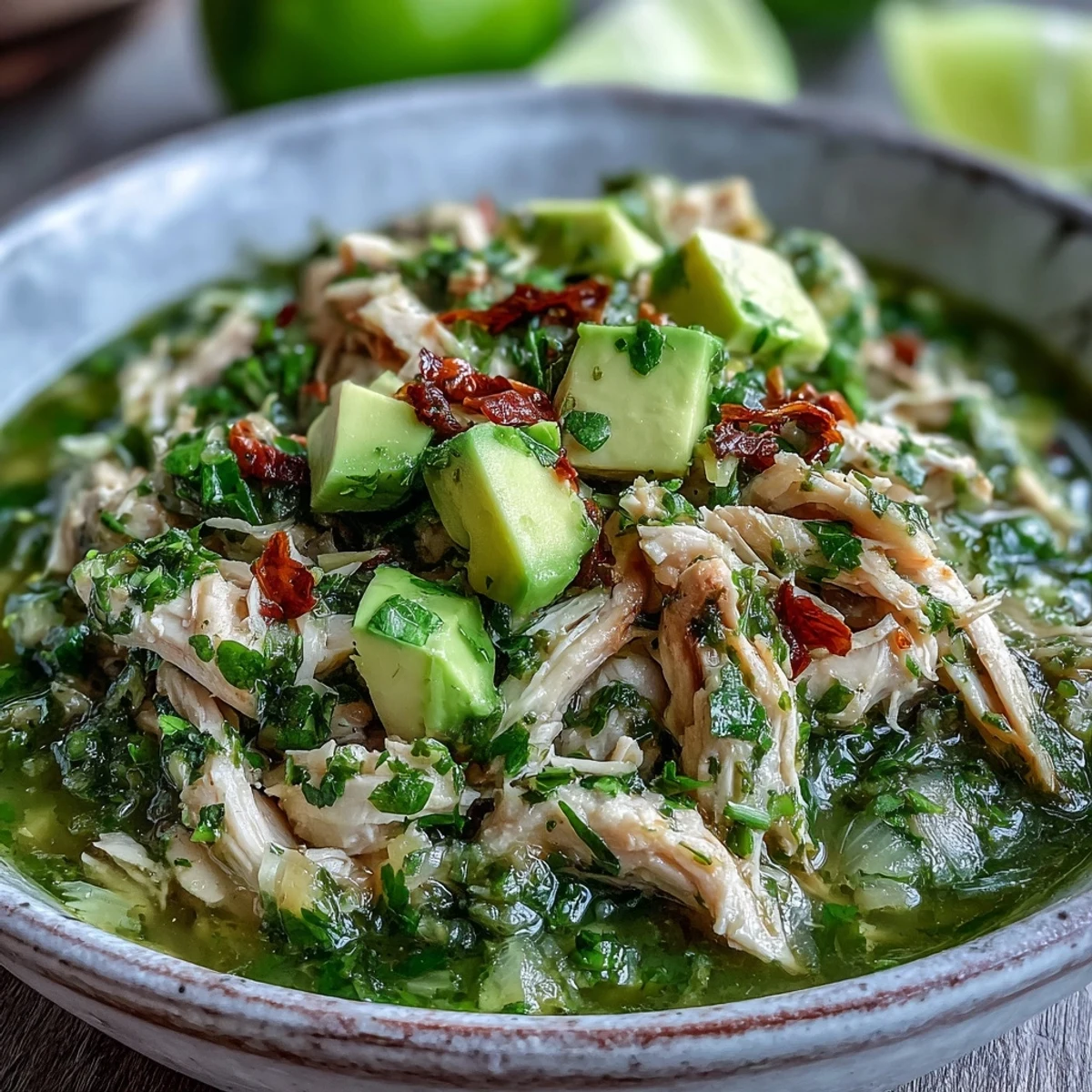 Vibrant Chicken Chili Verde showing tender chicken in a bright, savory green sauce.
