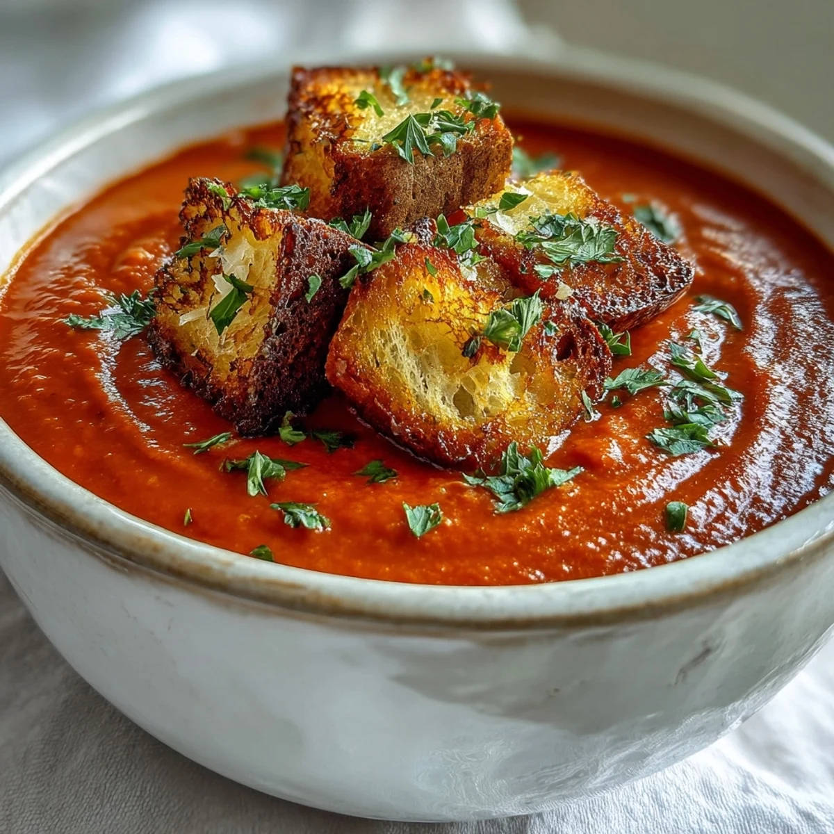 Silky smooth roasted red pepper soup ready for a hearty crouton sprinkle.
