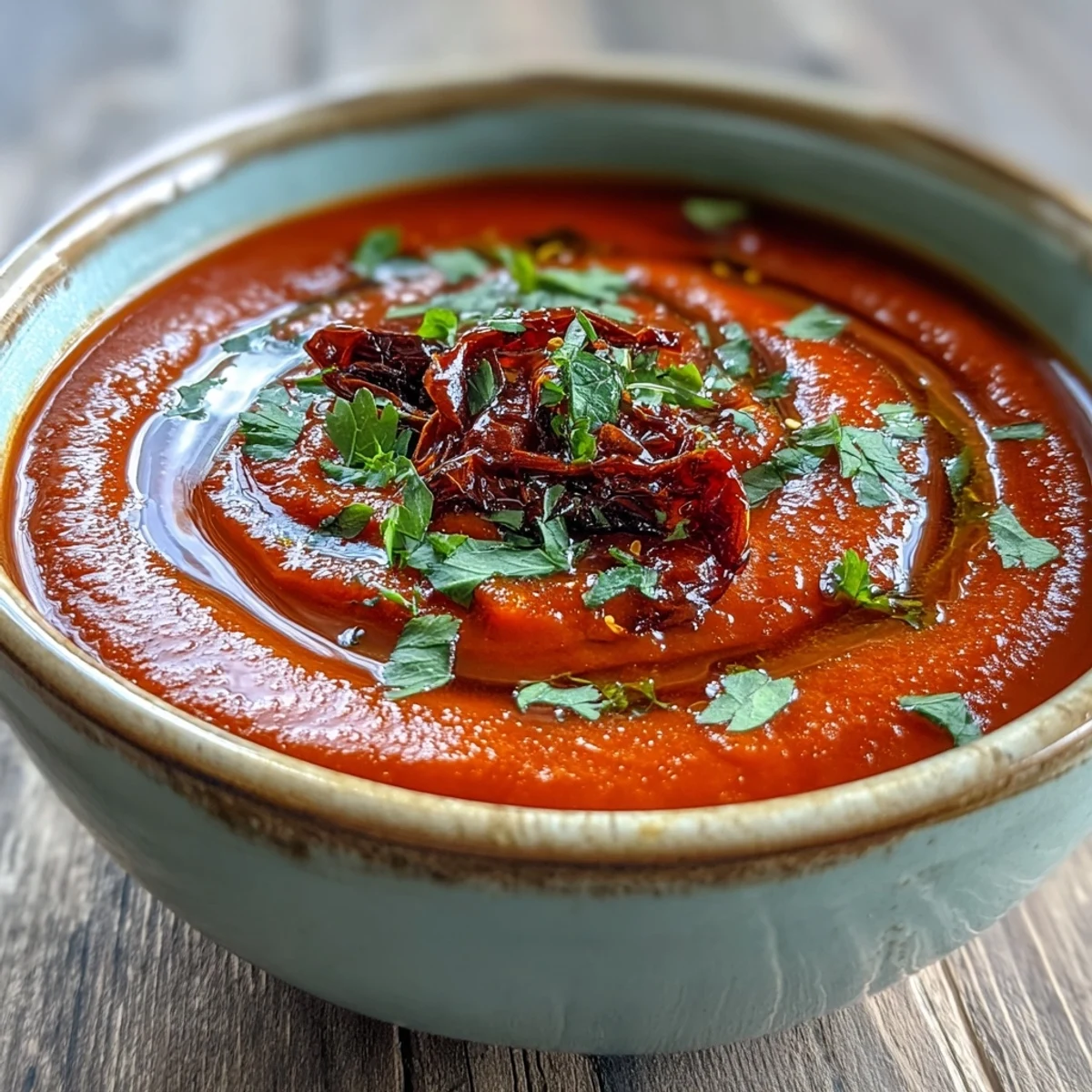 Silky roasted red pepper soup with swirl of cream, ready to serve.