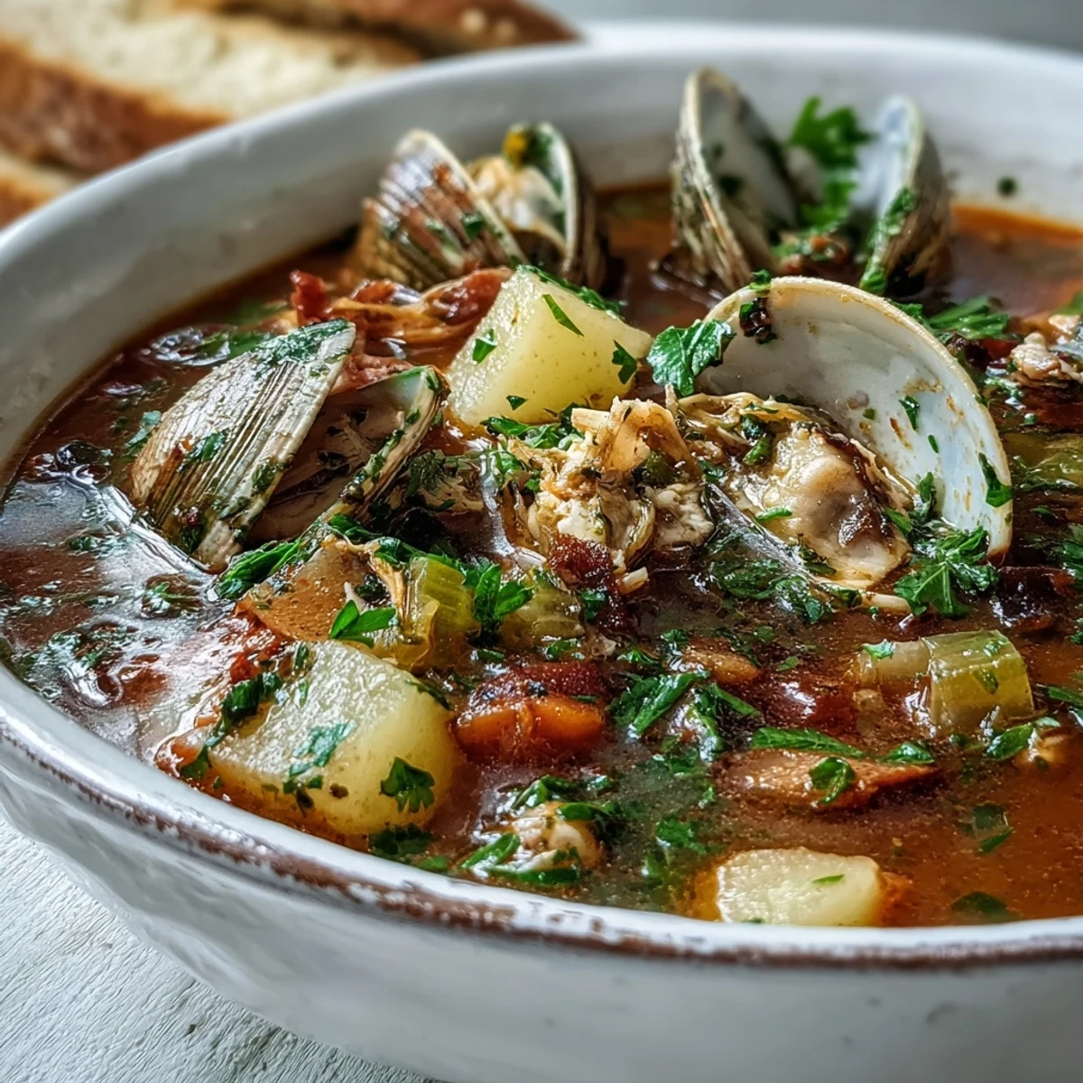 Hearty Manhattan Clam Chowder, rich with tomatoes, tender clams, and potatoes.