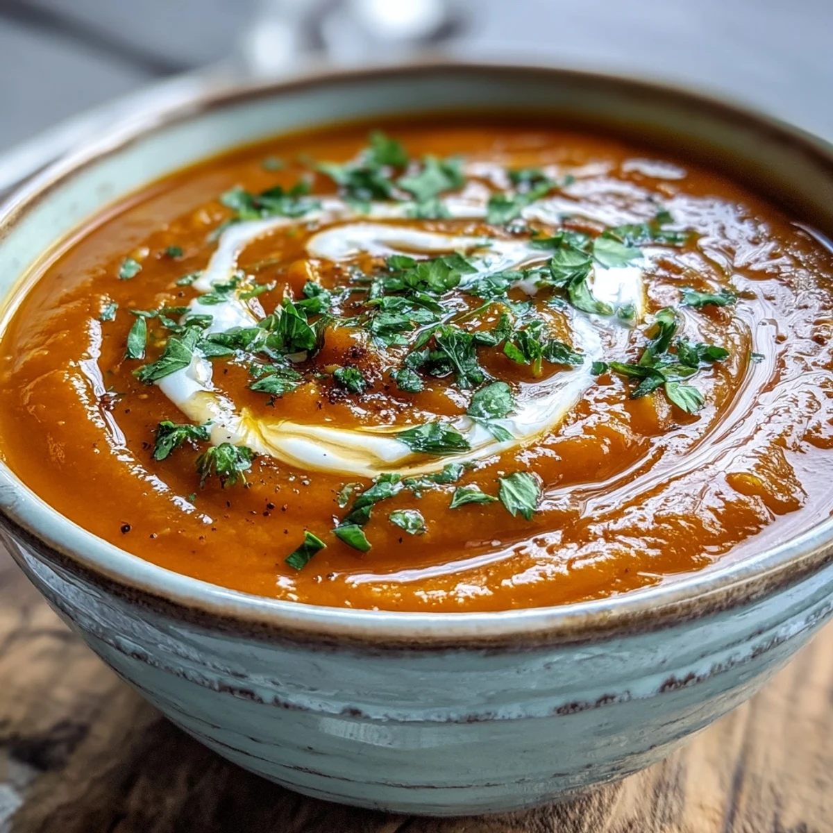 Hearty carrot and lentil soup, a vibrant orange puree garnished with fresh herbs.