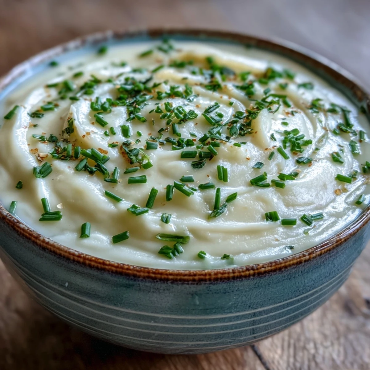Rich Potato Leek Soup, creamy and comforting, garnished with fresh chives.