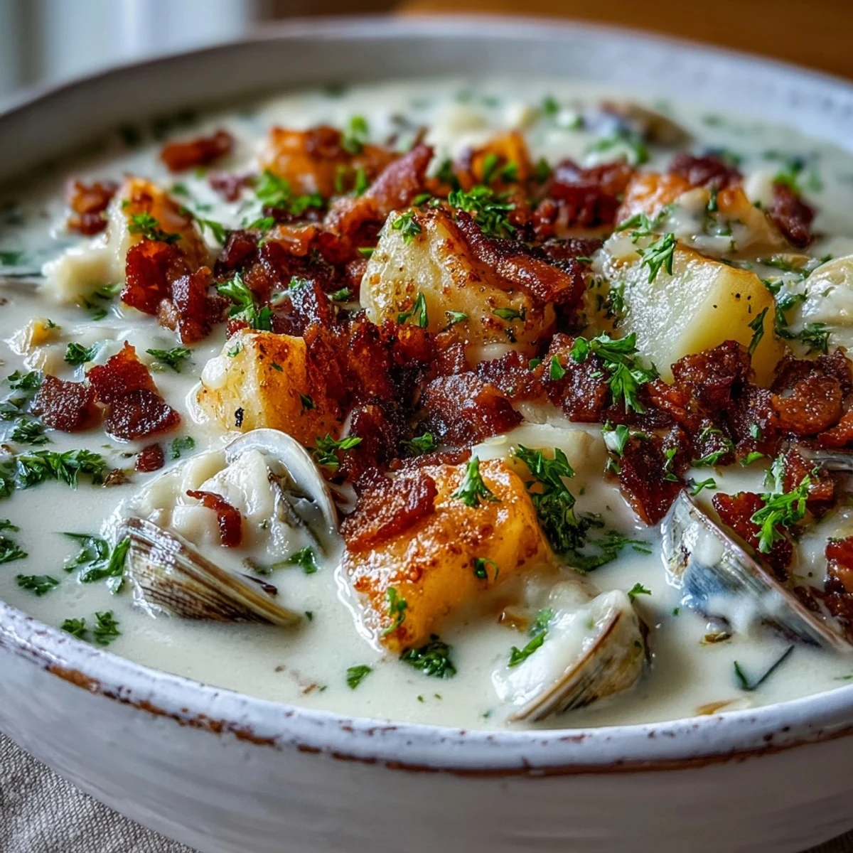 Creamy New England Clam Chowder, generously filled with tender clams and potatoes.