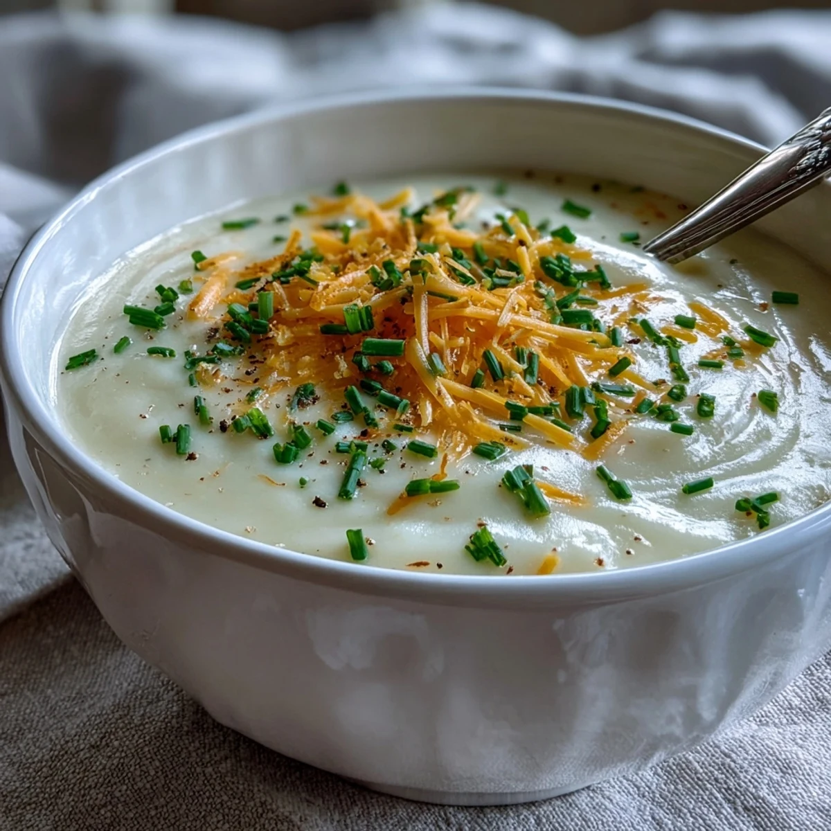 Velvety Cream of Potato Soup garnished with fresh chives and a swirl.