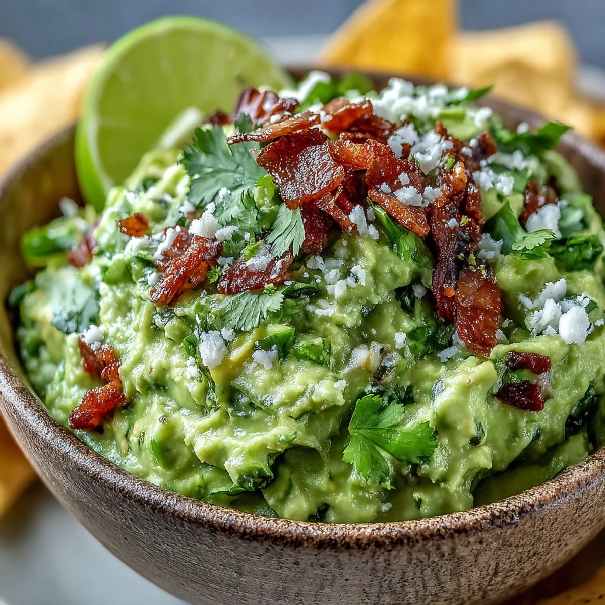 Creamy Bacon Guacamole With Cotija Cheese served in a rustic bowl with crispy bacon and crumbled cheese garnish.