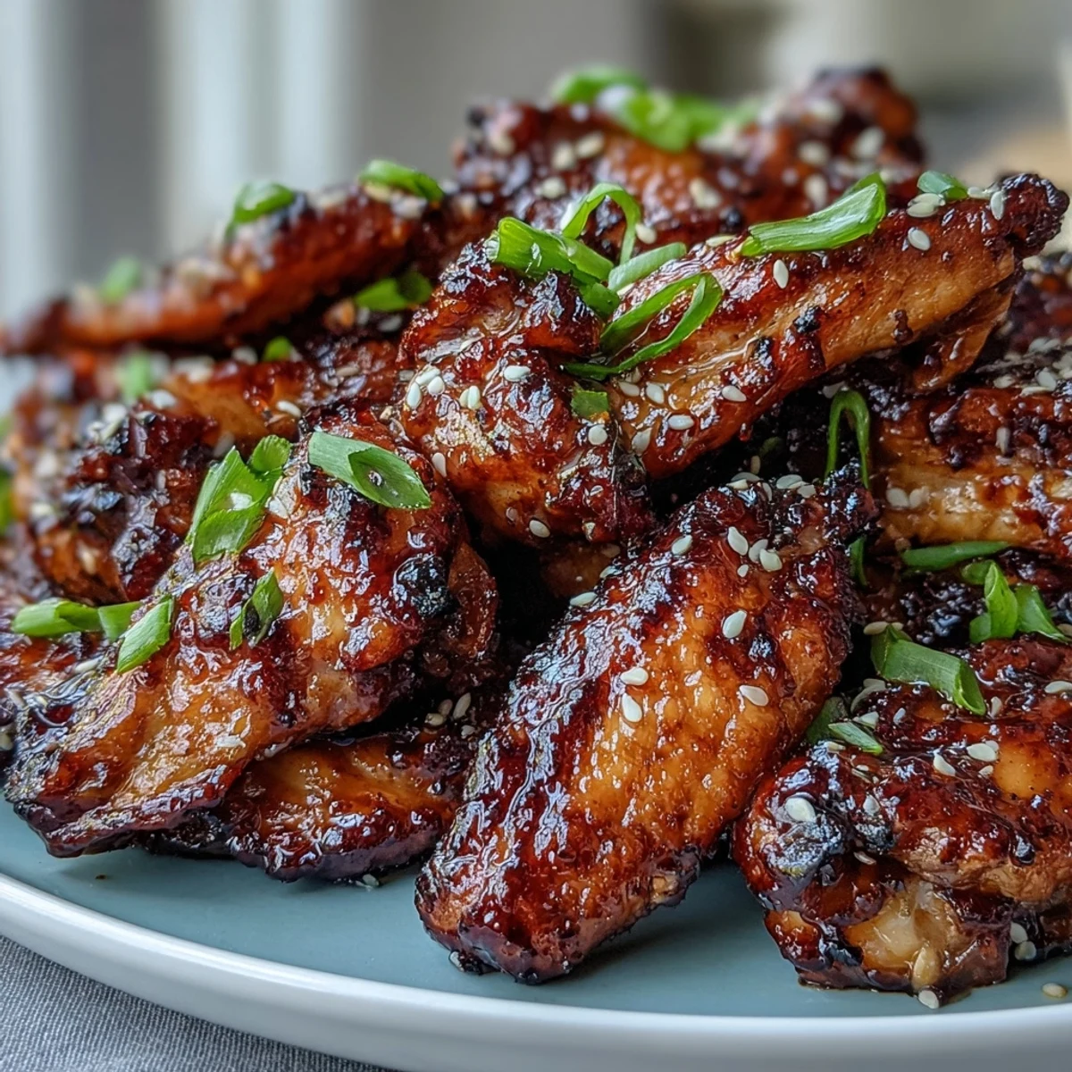 Freshly glazed Coca Cola Chicken Wings piled high on a white platter, garnished with sesame seeds and green onions.