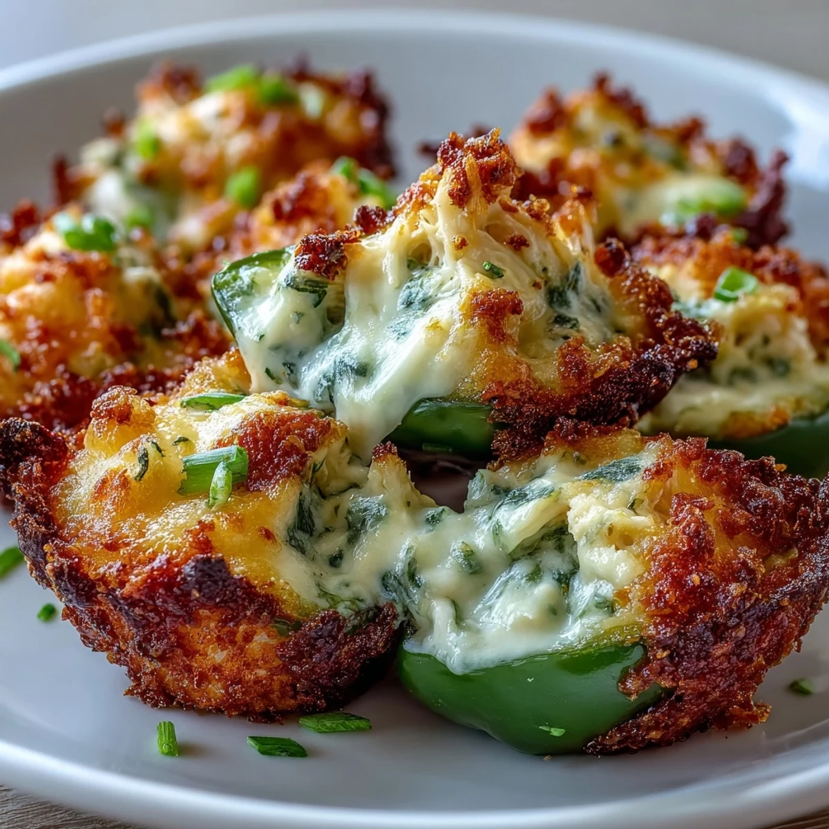 Golden-baked Cajun Crab Poppers with melted cheese and breadcrumbs sit on a platter.