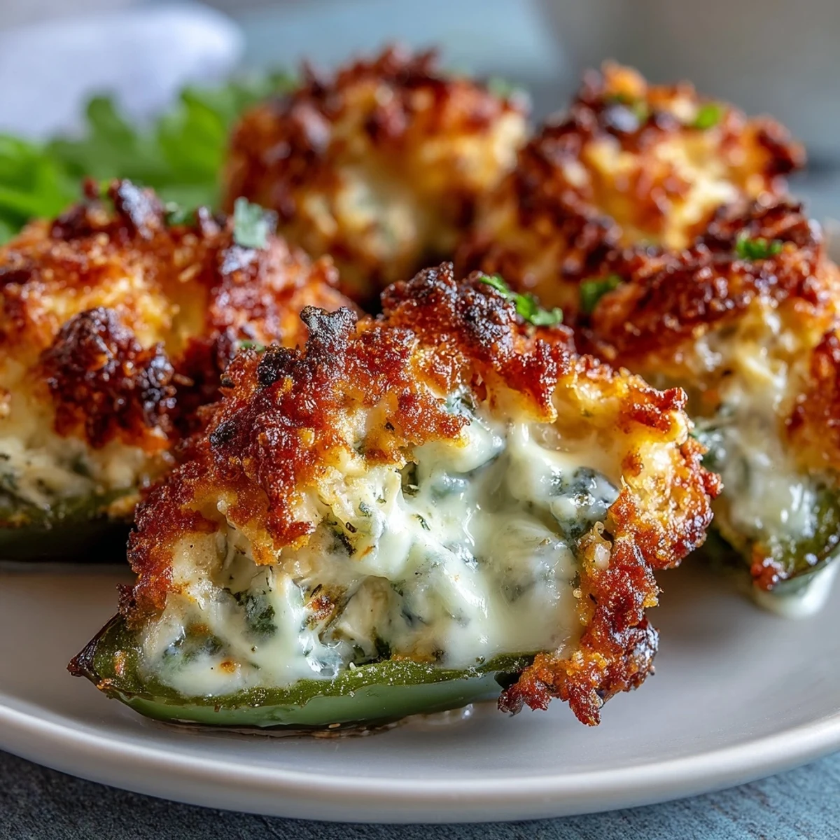 Stuffed jalapeño halves filled with creamy crab on a serving platter with lemon wedges.