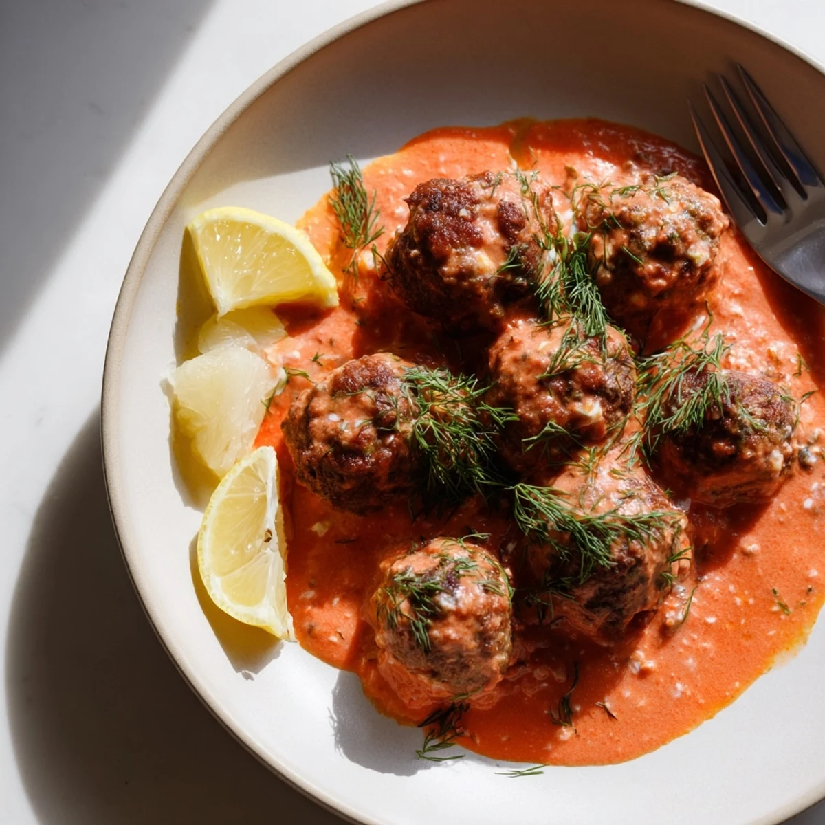 Steaming Instant Pot Greek-Style Meatballs with rich tomato sauce, served with creamy lemon-feta, looks flavorful.