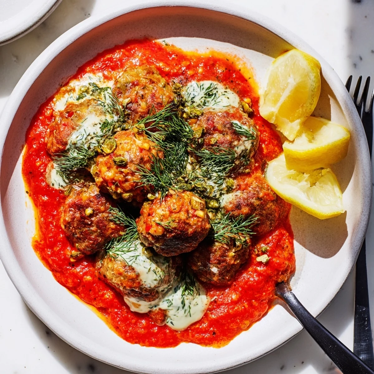 A close-up of delicious Instant Pot Greek-Style Meatballs, drizzled with tangy lemon-feta sauce, ready to serve.
