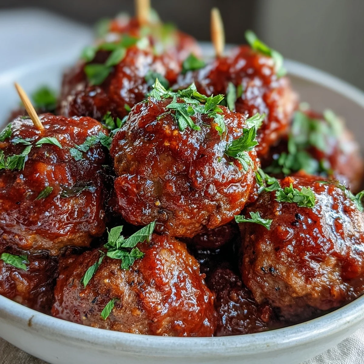 Sticky Grape Jelly and Chili Sauce Meatballs served hot on a platter with toothpicks.