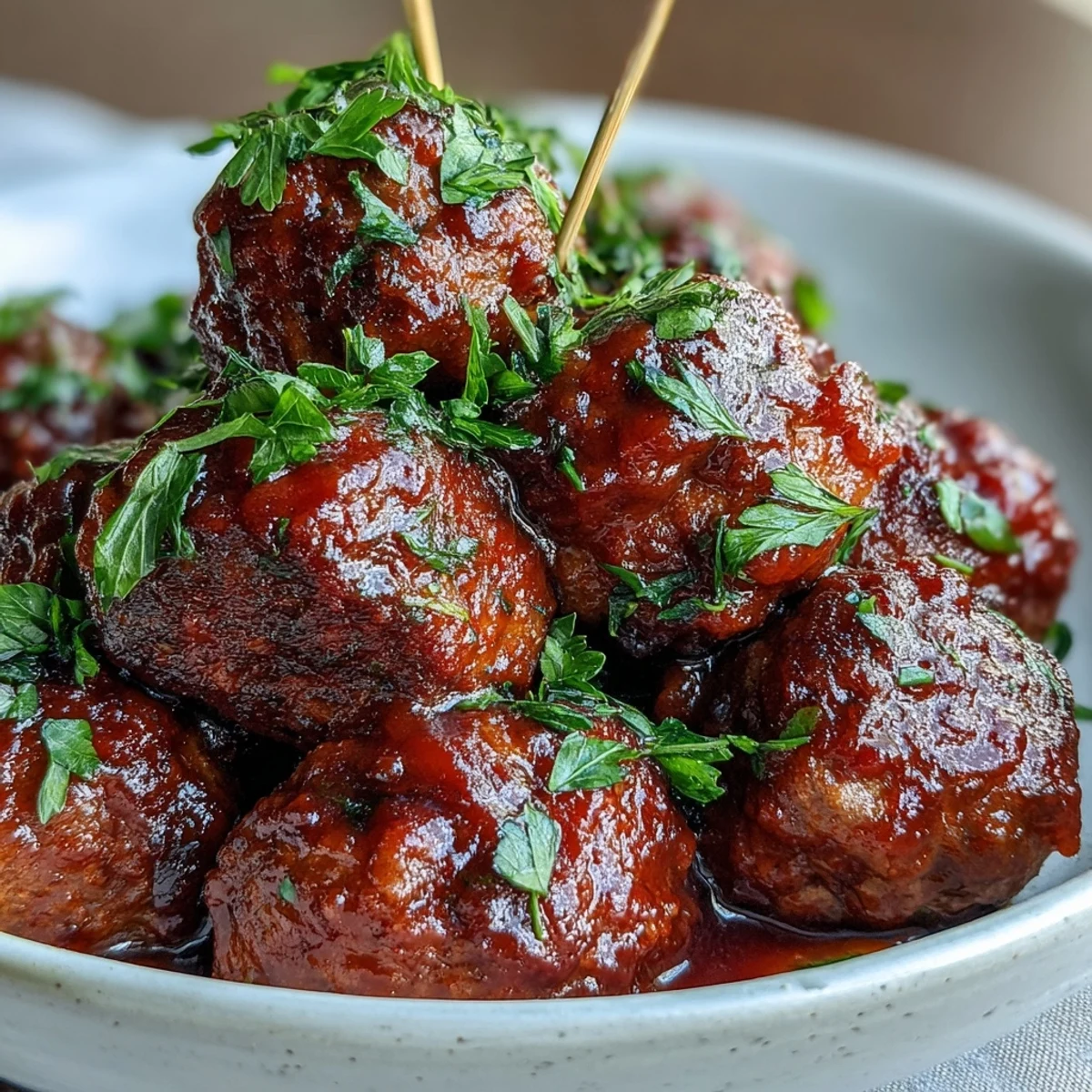 Appetizer Grape Jelly and Chili Sauce Meatballs spooned over rice with parsley garnish.