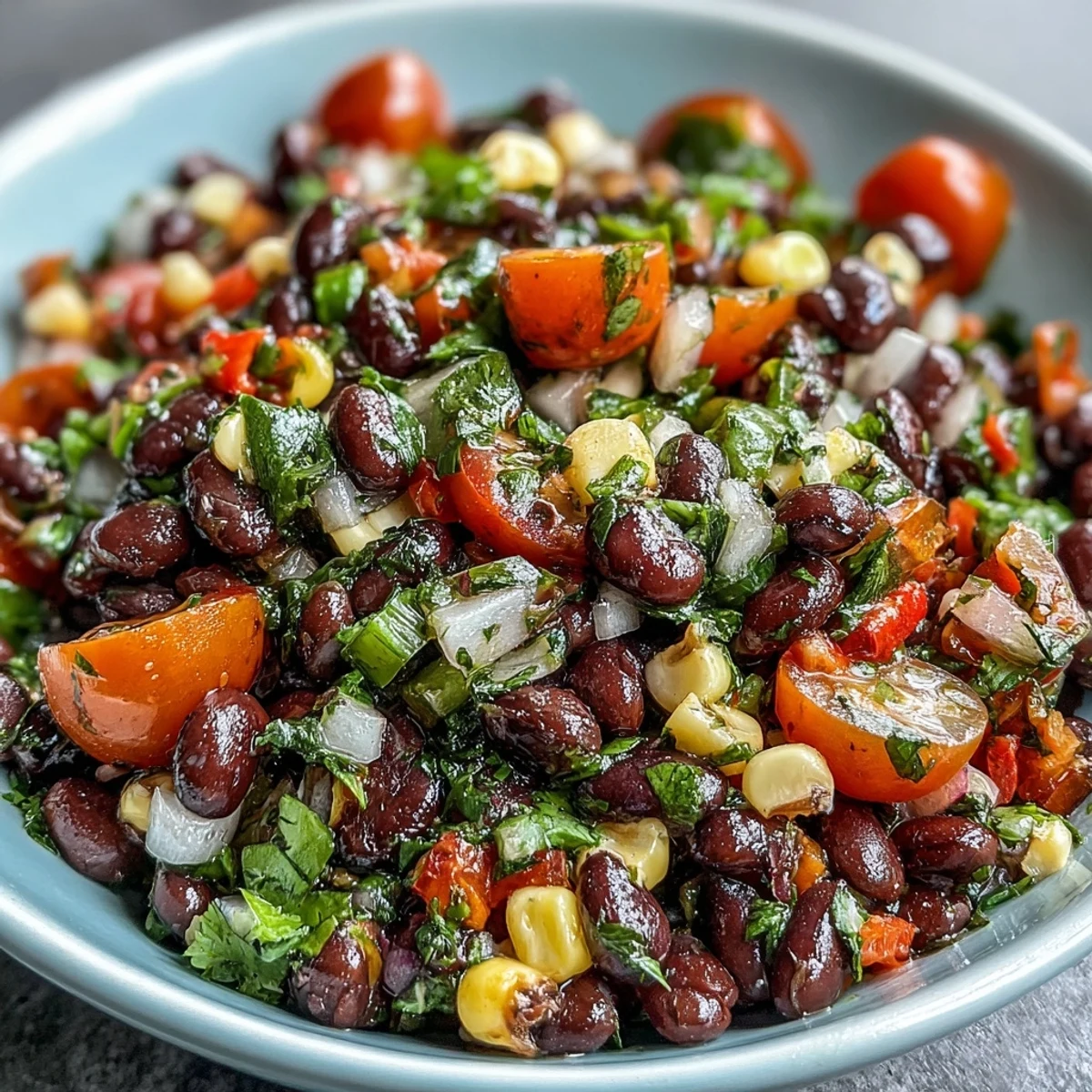 A vibrant bowl of Cowboy Caviar featuring black beans, sweet corn, and diced bell peppers, tossed in a lime dressing.