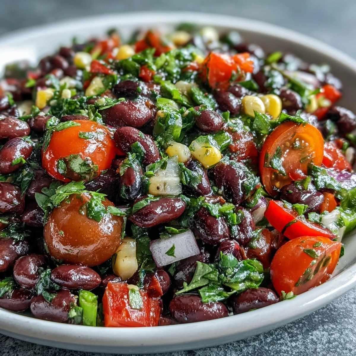 Freshly prepared Cowboy Caviar topped with chopped cilantro, served with crunchy tortilla chips for dipping at a party.