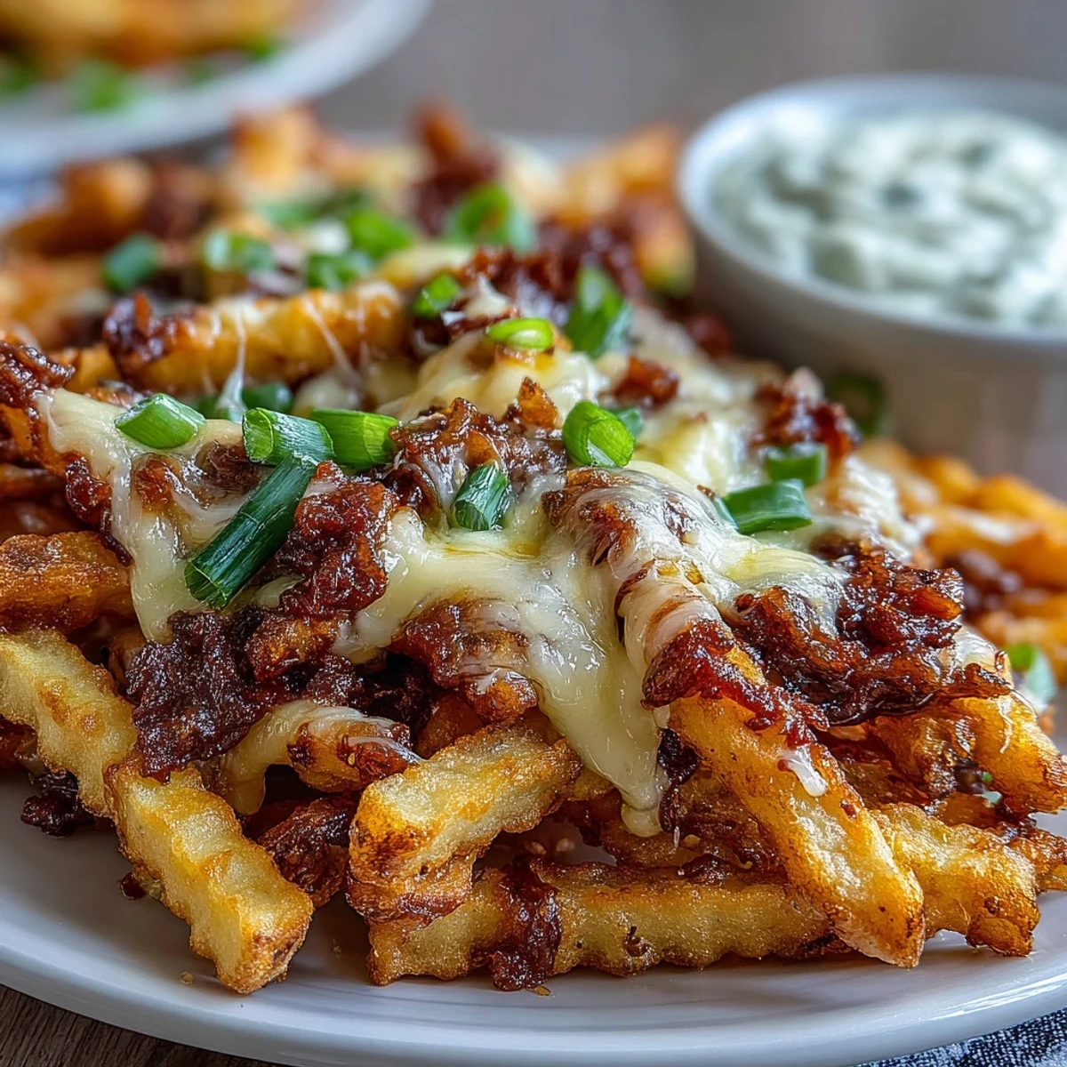 Golden, crispy Cheesy BBQ Fries with Ranch Dip served hot and gooey on a platter.