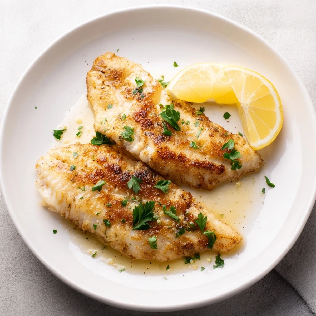 Golden-brown flounder meunière fillets topped with a lemony brown butter sauce and fresh parsley, ready to serve.  