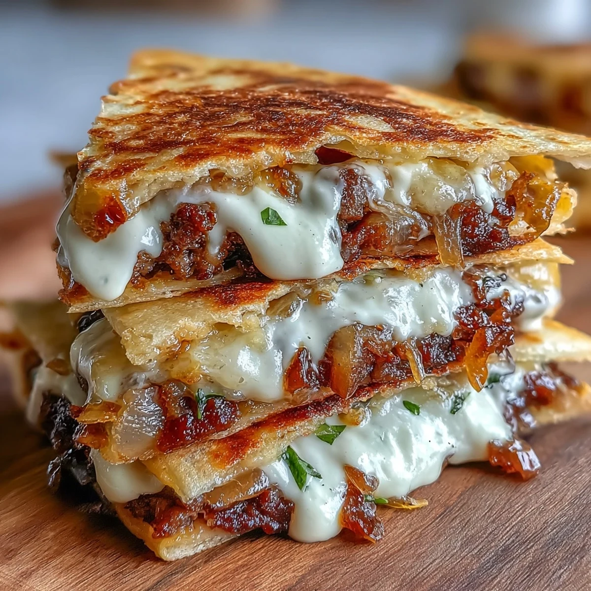 Golden-brown griddled Cheesy Griddled Smashburger Quesadillas, layered with melted cheddar, American cheese, and caramelized onions.