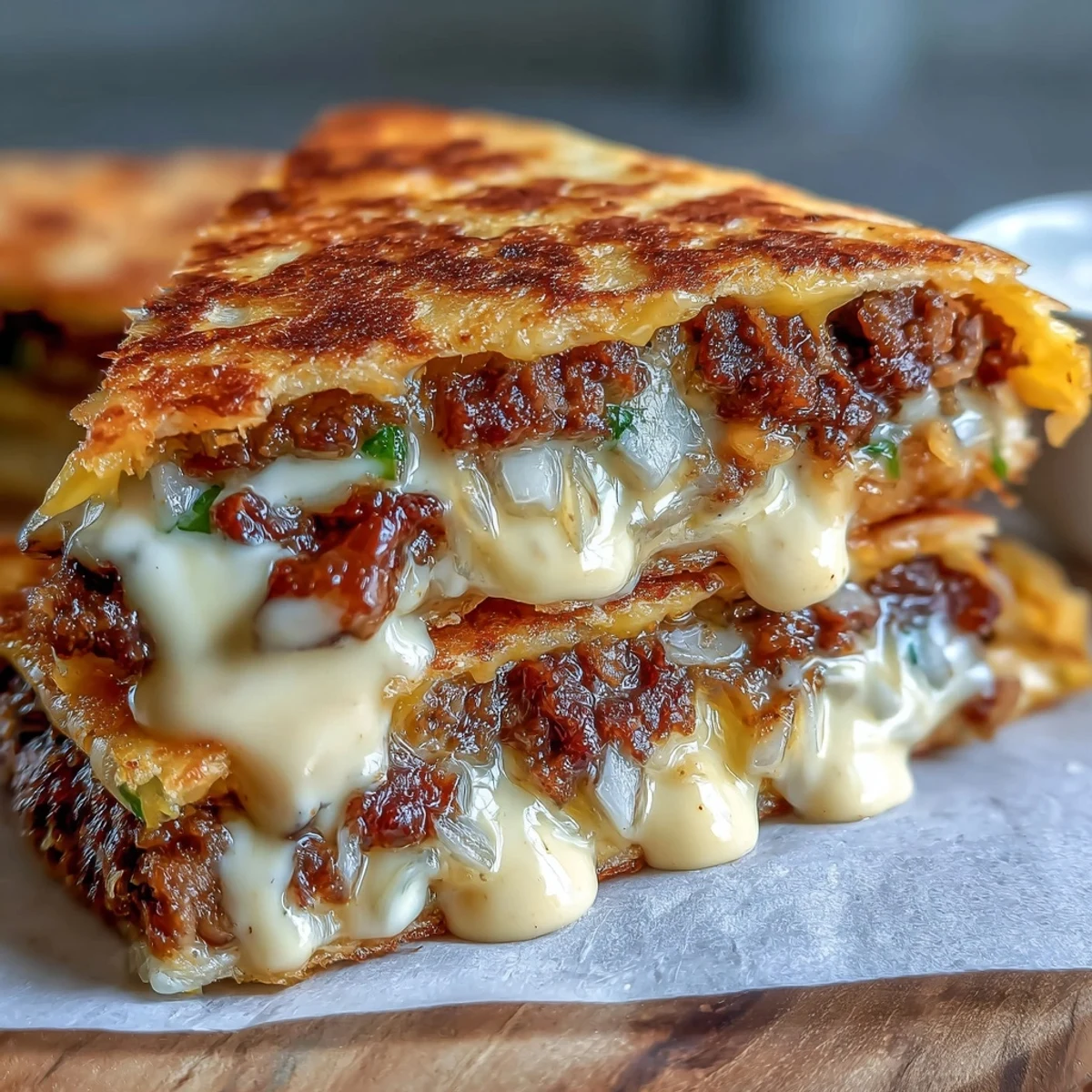 Sizzling smashburger patties stuffed inside a crispy flour tortilla, served with a tangy mayo-mustard dipping sauce.