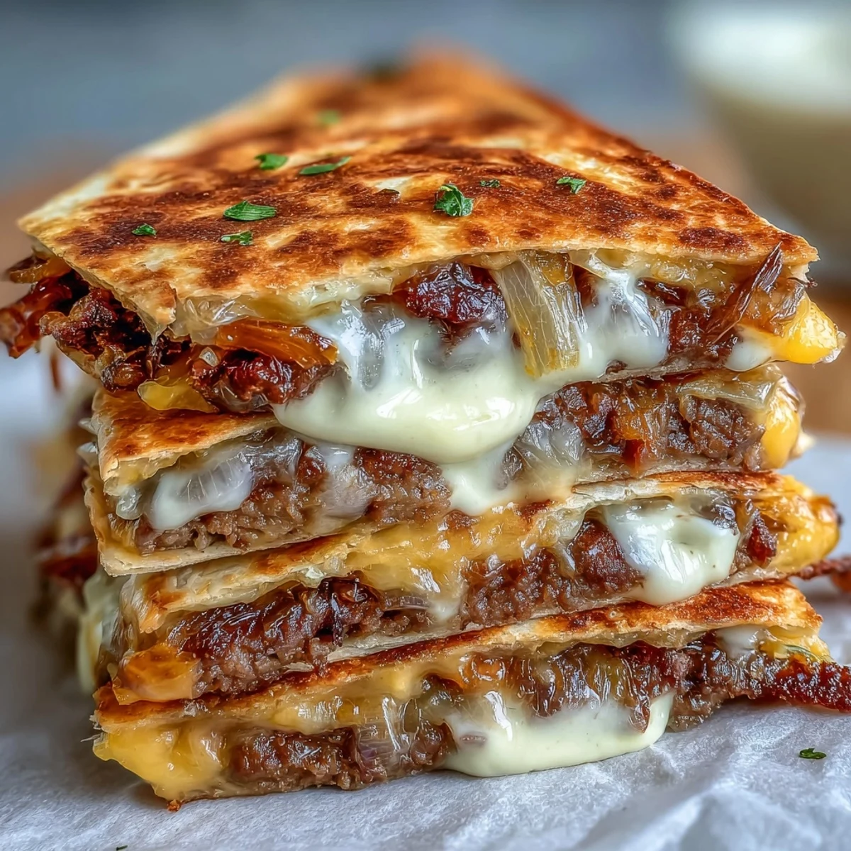 Cut into wedges, this American dinner recipe reveals juicy beef and gooey cheese between crunchy tortilla layers.