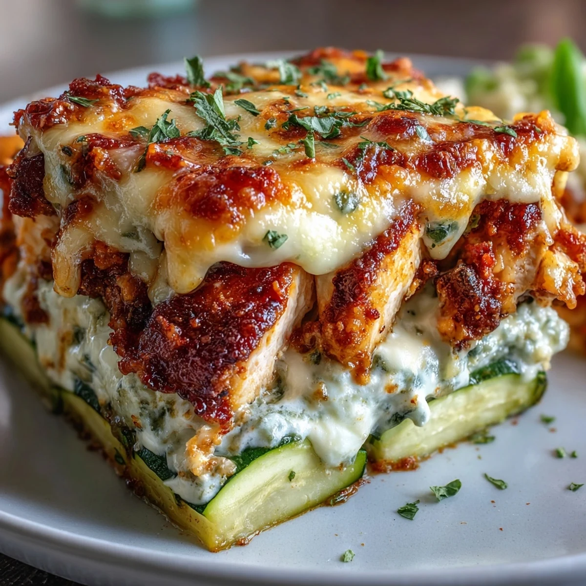 A close-up of the High Protein Chicken Zucchini Bake shows golden chicken, vibrant zucchini, and melted cheese, perfect for a low-carb dinner.  