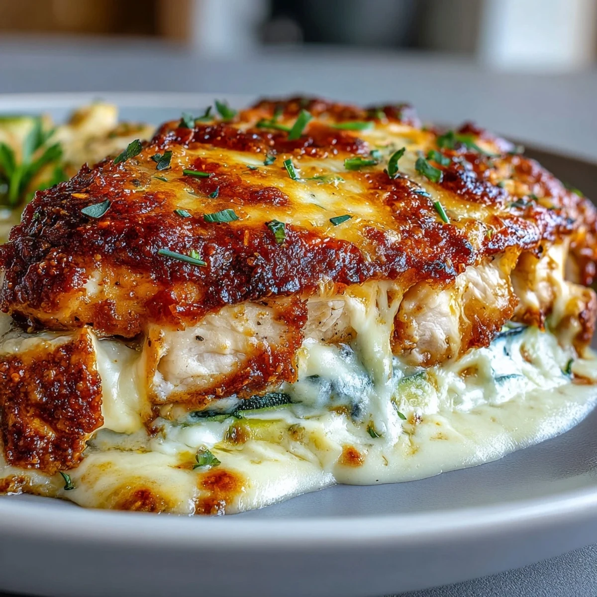 Sliced pieces of the High Protein Chicken Zucchini Bake reveal tender layers of chicken, zucchini, and creamy, cheesy filling on a rustic plate.