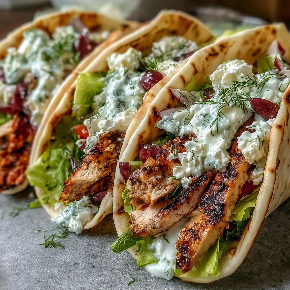 Juicy Mediterranean Chicken Gyros sizzling on a grill pan topped with creamy feta tzatziki, lettuce, and tomatoes, ready to wrap.