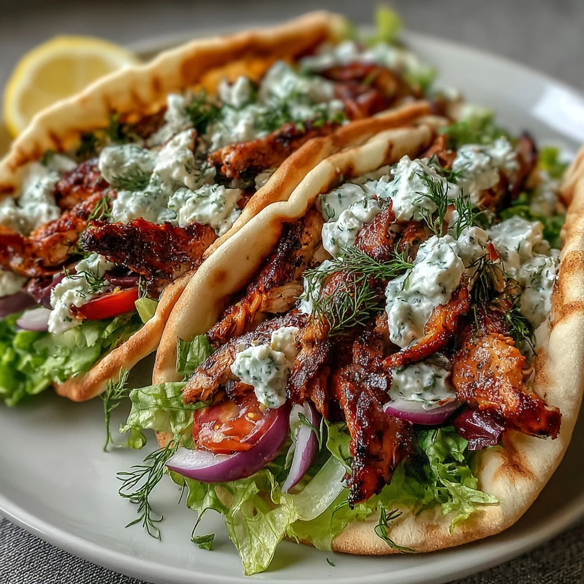 Golden grilled Mediterranean Chicken Gyros served on warm pita with tangy feta tzatziki, red onions, and fresh parsley, perfect for dinner.