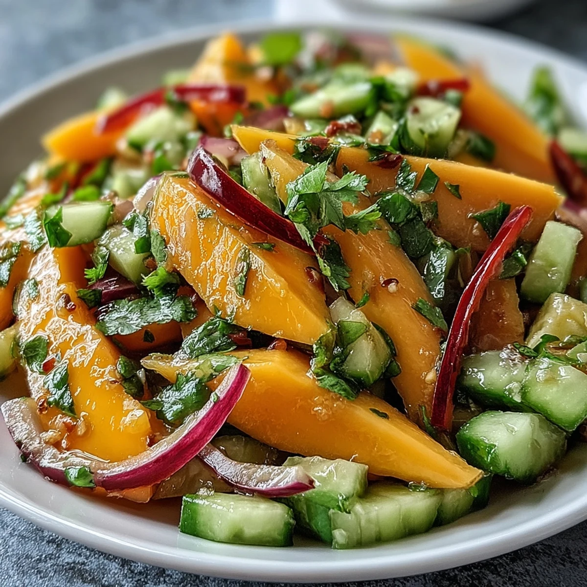Fresh mango strips, crisp veggies, and cilantro in a vibrant bowl of the Refreshing Mango Salad with Lime Dressing.