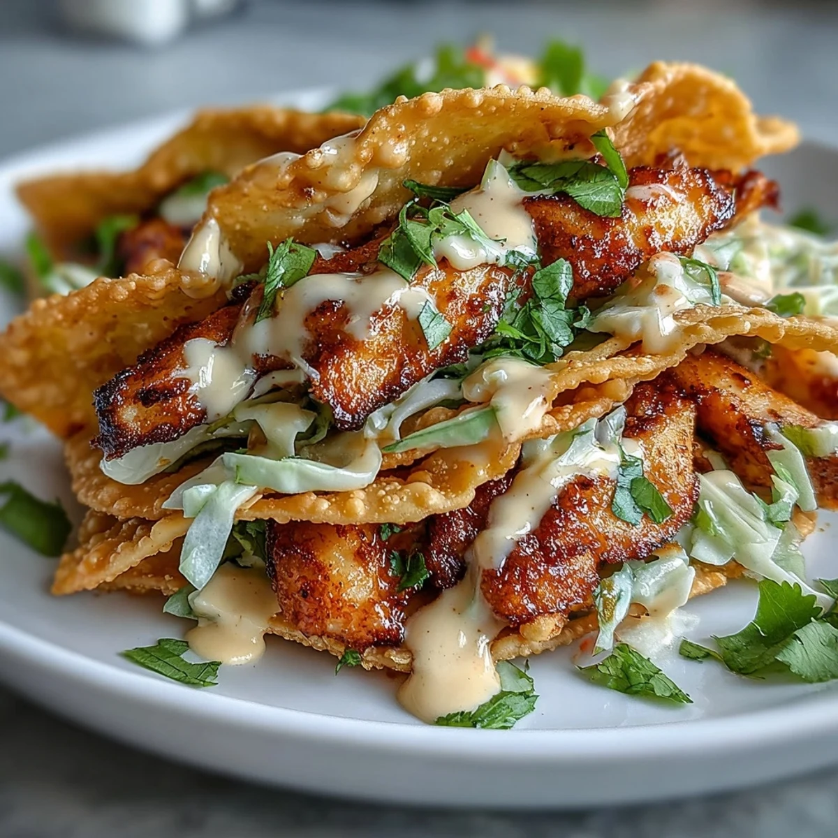 Close-up of one Crispy Chicken Wonton Taco showing seasoned chicken strips and shredded red cabbage inside a crunchy wonton shell.