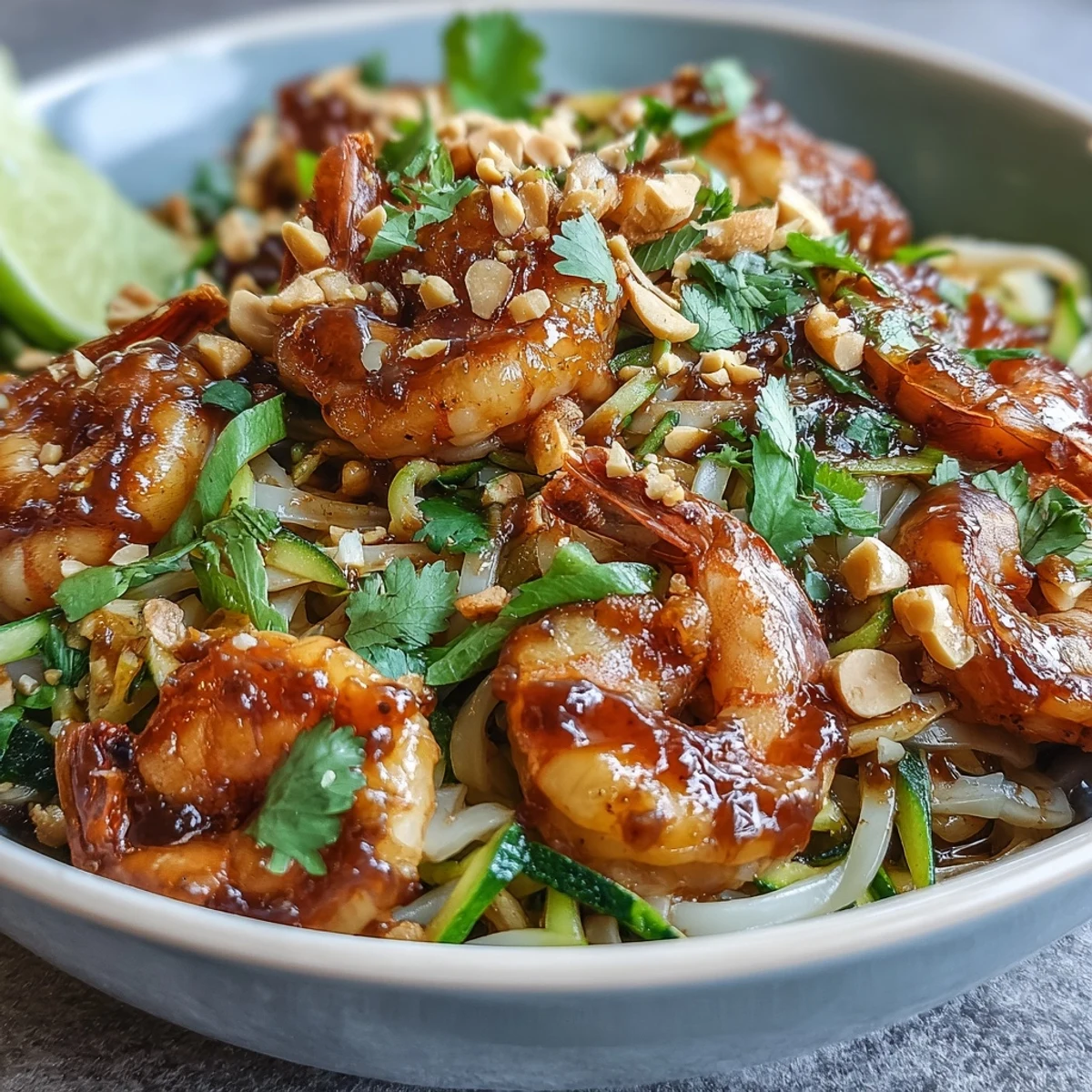 Freshly cooked Asian Noodle Bowl with tender shrimp, crisp zucchini, and carrots, topped with peanuts and cilantro.