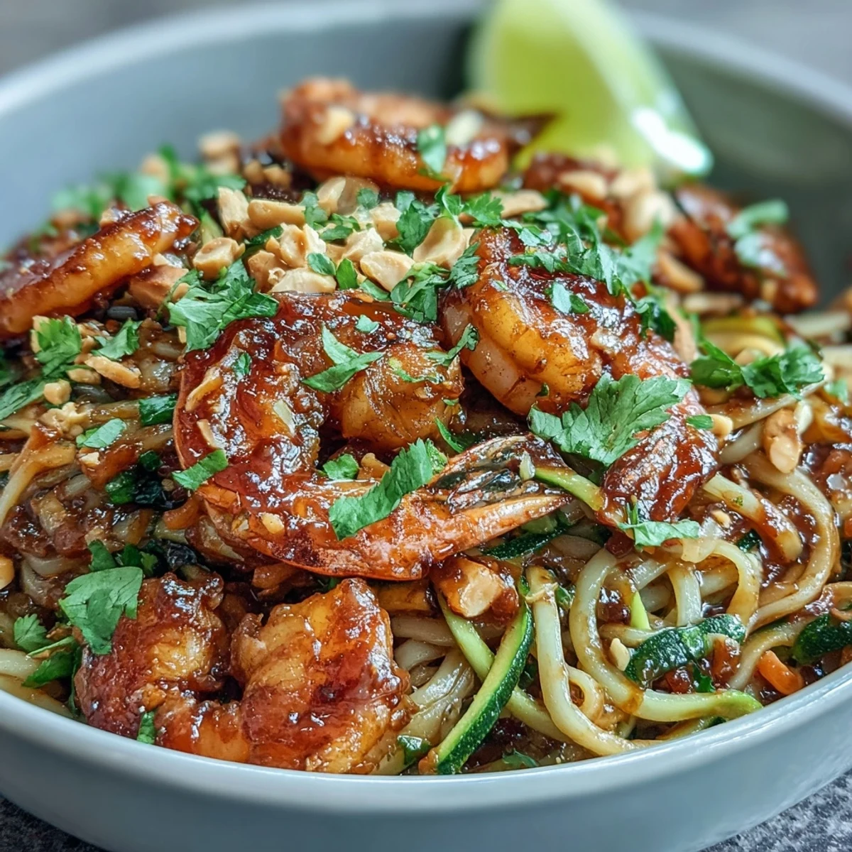 Serving suggestion for Asian Noodle Bowl with steamed shrimp, peanuts, and fresh cilantro garnish.