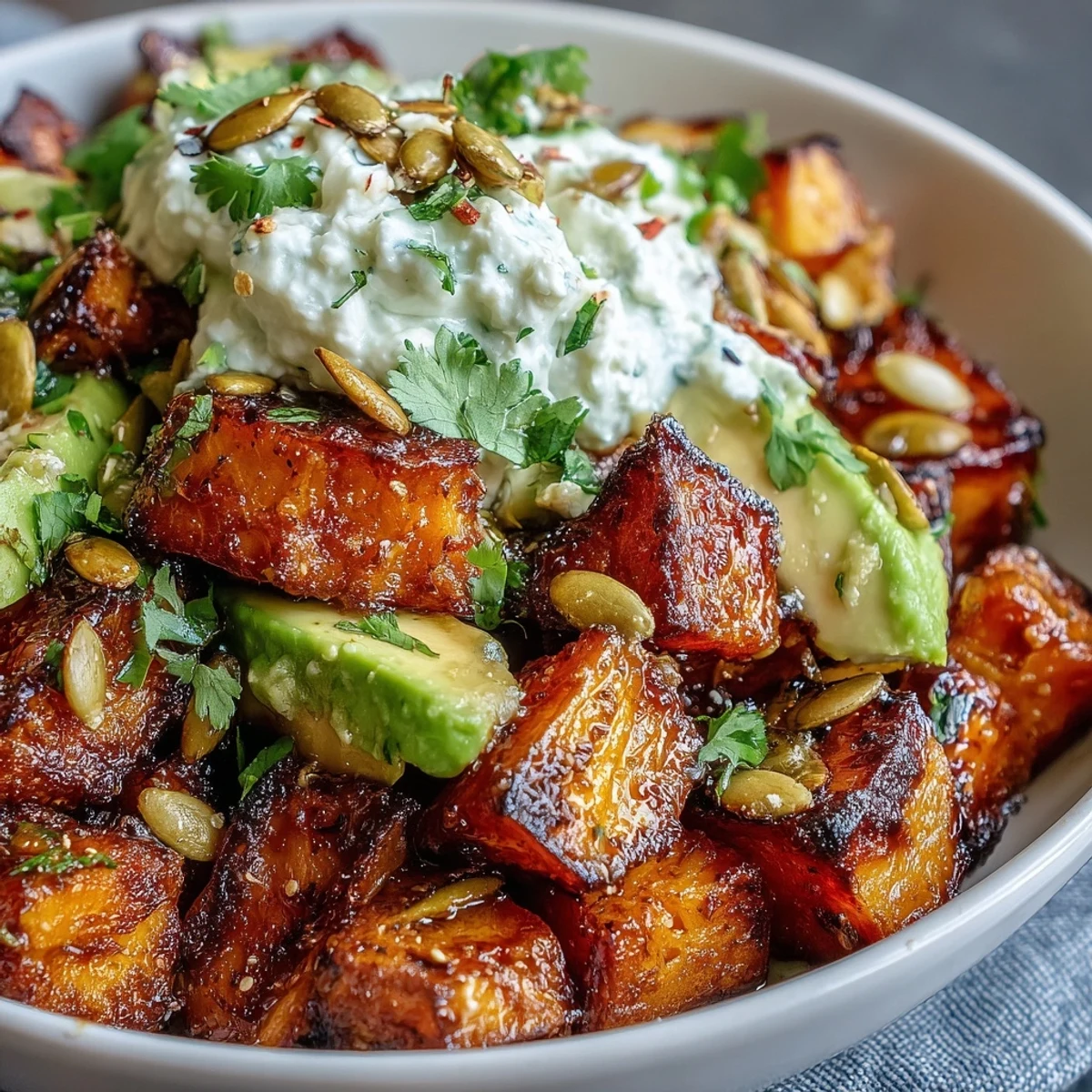 Golden roasted sweet potato cubes, creamy avocado slices, and a scoop of cottage cheese are drizzled with spicy hot honey in this nourishing bowl.