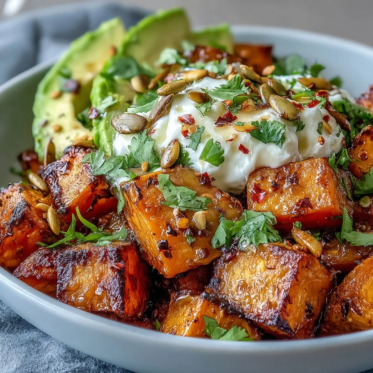Ready to serve vegetarian sweet potato bowl featuring roasted vegetables, fresh avocado, cottage cheese, and a glossy hot honey drizzle.
