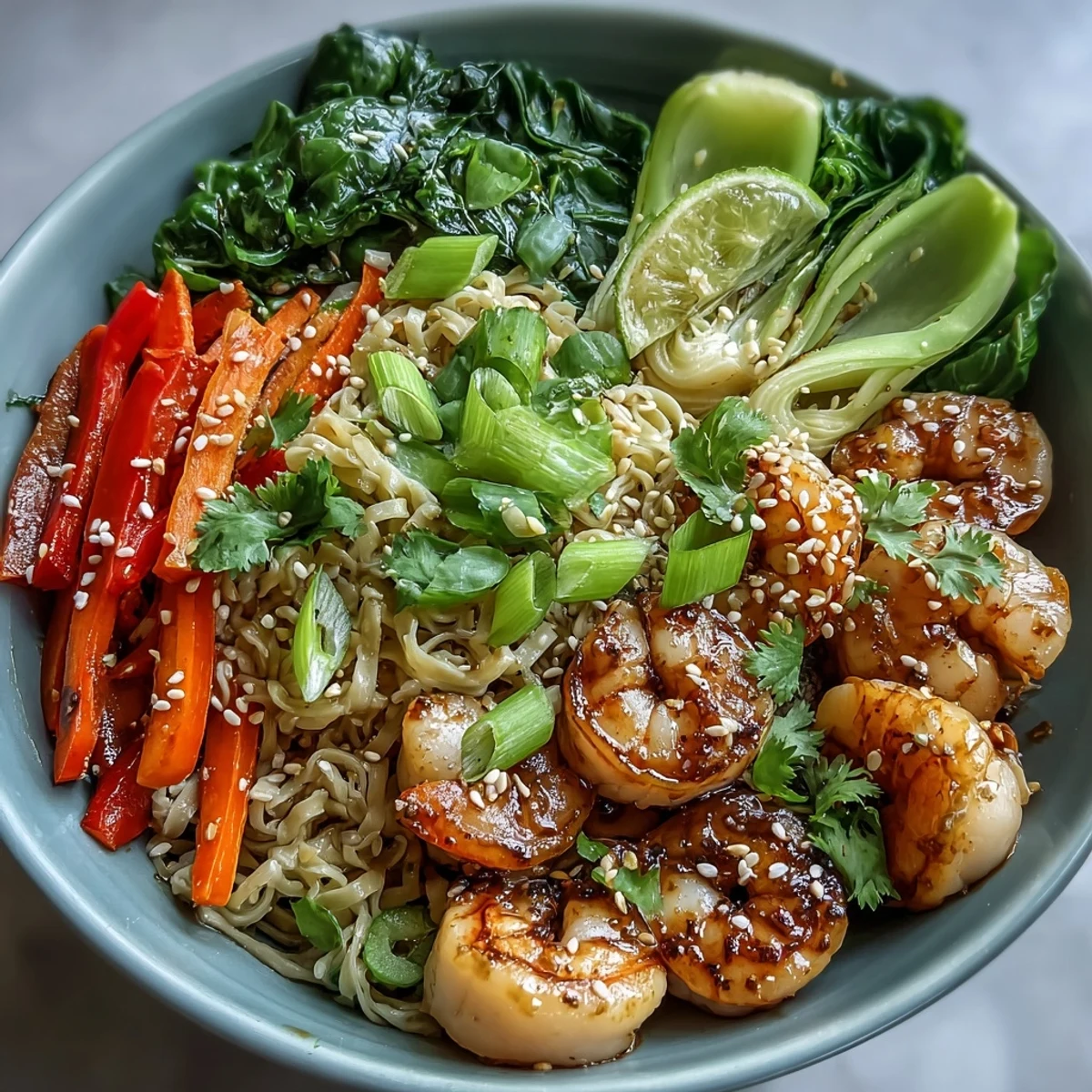 Garnished with lime wedges and sesame seeds, this Asian Noodle Bowl with Shrimp and Scallops features colorful vegetables in a steaming savory broth.