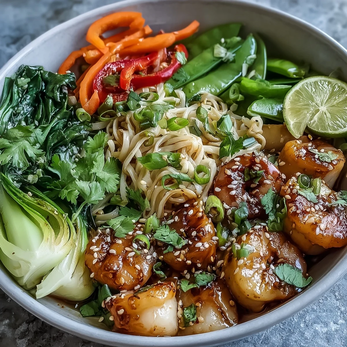 Tender shrimp and scallops rest on silky rice noodles in the Asian Noodle Bowl with Shrimp and Scallops, with crisp bok choy and carrots.