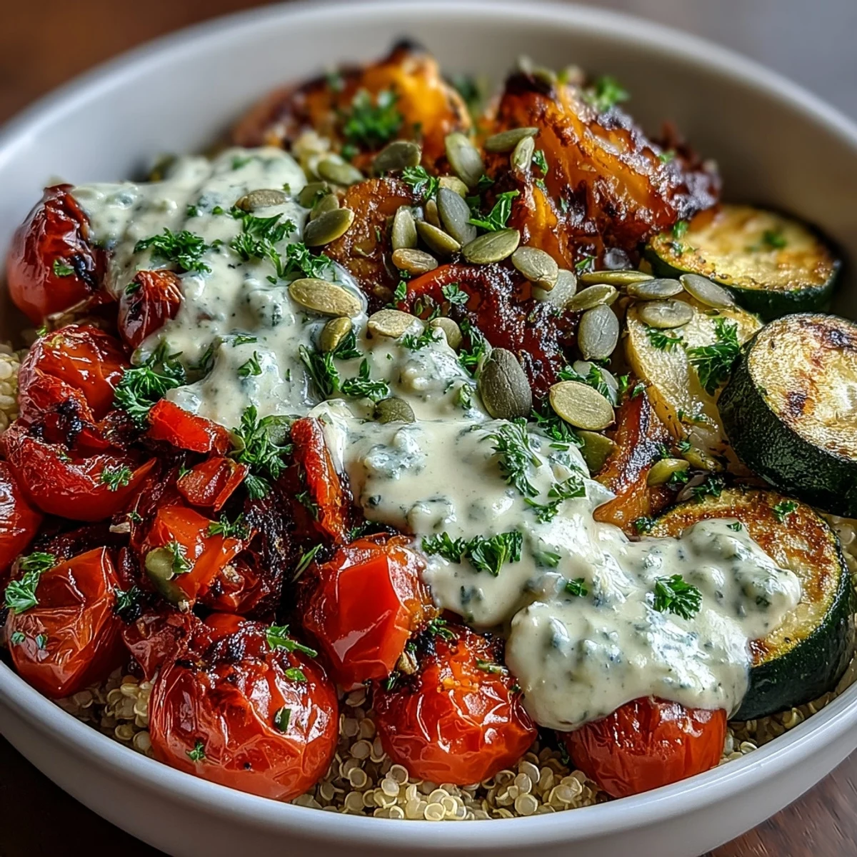 Sheet pan style Roasted Vegetable Quinoa Bowl served warm with a side of lemony tahini sauce